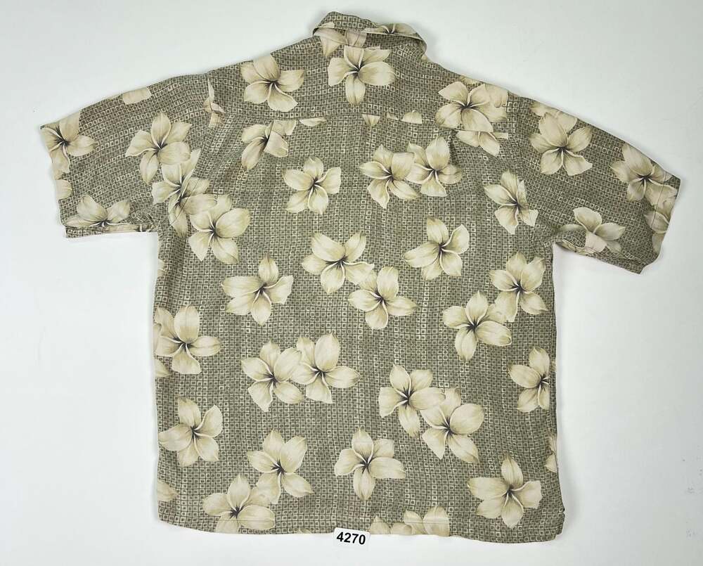 Nautica Mens Medium Green Tan 100% Silk Hawaiian Tropical Floral Button-Up Shirt